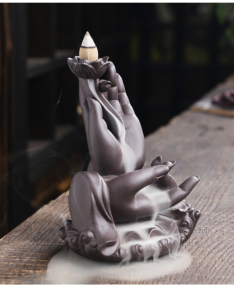 Purple Clay Backflow Incense Burner Indoor Home Incense Burner Creative Large Buddha Hand Backflow Aromatherapy Burner Gift Ornament