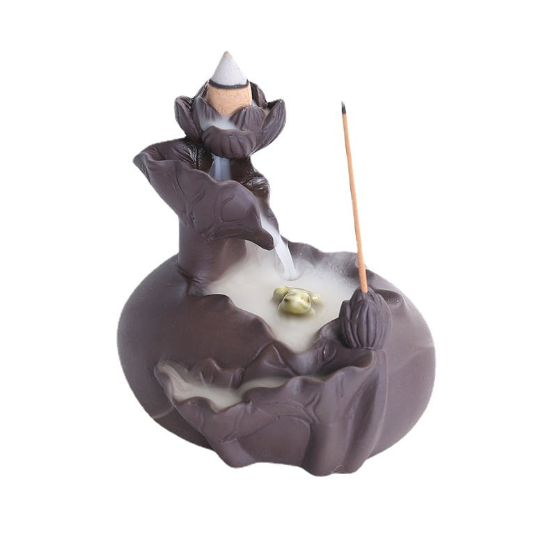 zensoullab Purple Clay Lotus Leaf Backflow Incense Burner Creative Lotus Frog Backflow Incense Burner Home Decor Ornament
