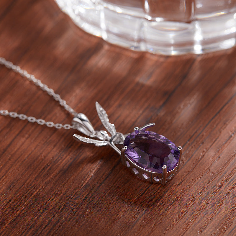 zensoullabs 925 Sterling Silver Inlaid Natural Gemstone Amethyst Pendant Angel Necklace for Women