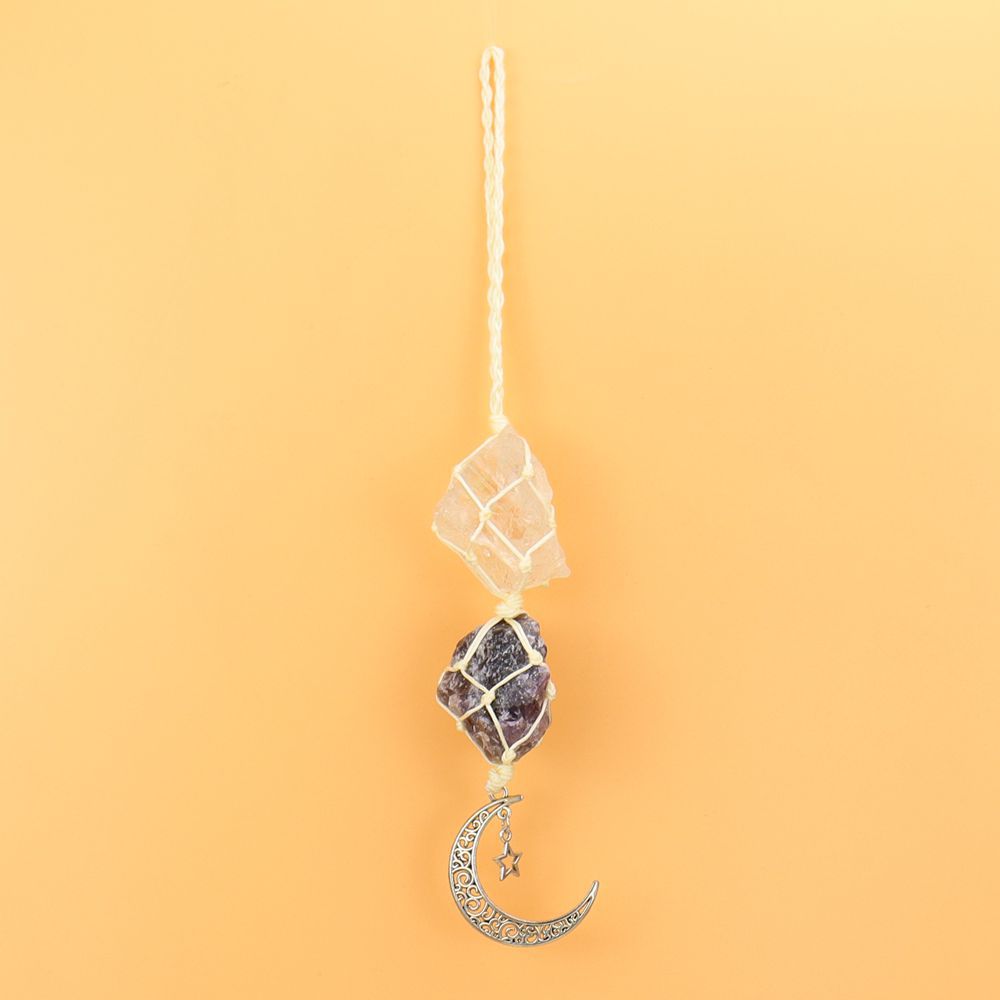 zensoullab Handmade Woven Raw Stone Crystal Pendant Star Moon Net Bag Car Hanging Amethyst Ornament
