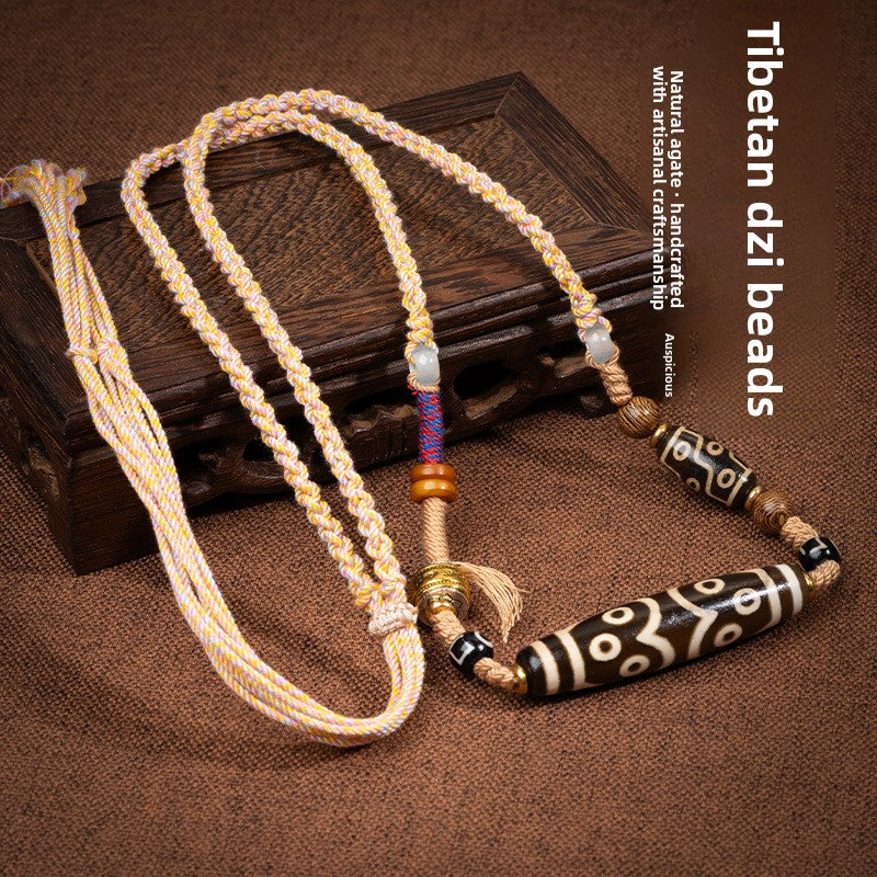 zensoullab Natural Tibetan Style Yellow Nine-Eyed Dzi Bead Necklace Multi-Totem Agate Pendant Couple Style Woven Necklace In Stock