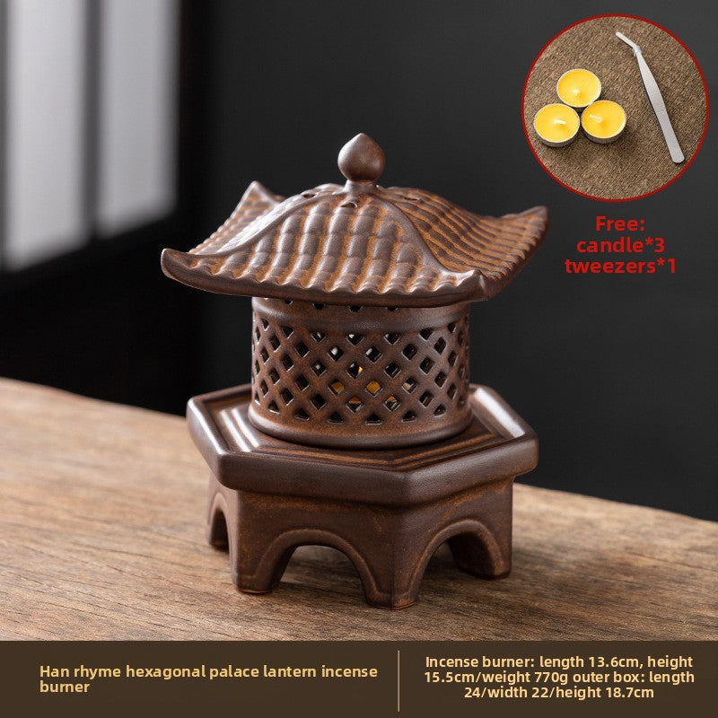 zensoullab Incense Burner Ceramic Purple Clay Hollow Han Yun Palace Lantern Candle Incense Essential Oil Burner Incense Stick Agarwood Multifunctional Ornament