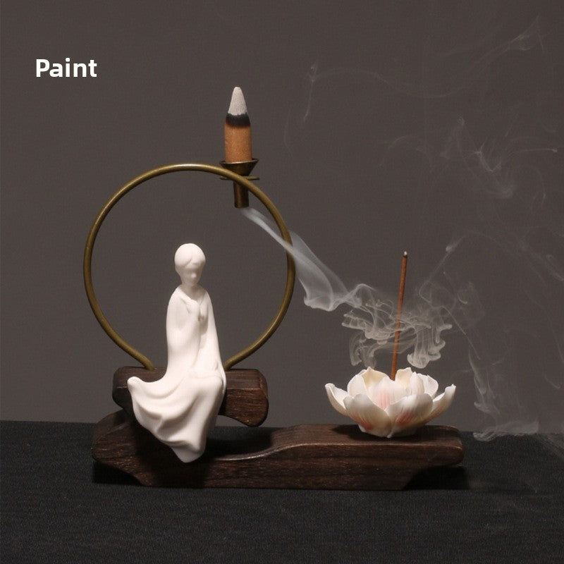 zensoullab Creative Chinese Ceramic Ornament Phaseless Buddha Statue Home Backflow Incense Burner Sandalwood Aromatherapy Burner Incense Holder Incense Device Wooden Incense Stand