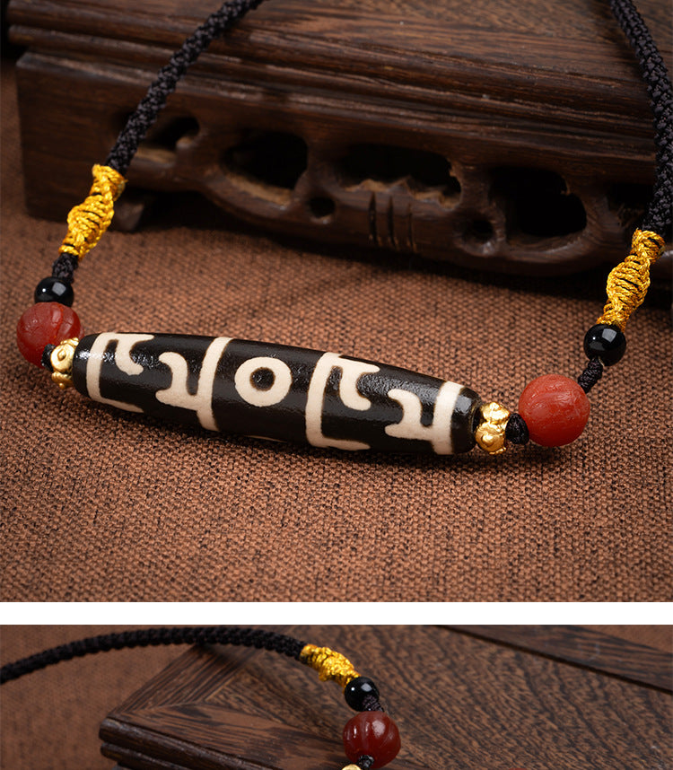 zensoullab Natural Tibetan Guru Rinpoche Three-Eyed Dzi Bead Necklace Agate Pendant Unisex Braided Necklace In Stock