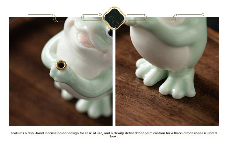zensoullab Ceramic Wishing Frog Incense Burner for Home Indoor Use, Agarwood Sandalwood Incense Holder, Cute Tea Table Aromatherapy Burner Ornament