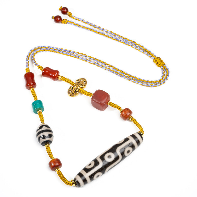 zensoullab Natural Yellow Nine-Eye Dzi Bead Necklace Taiwan Work Agate Pendant Unisex Couple Style Braided Necklace In Stock