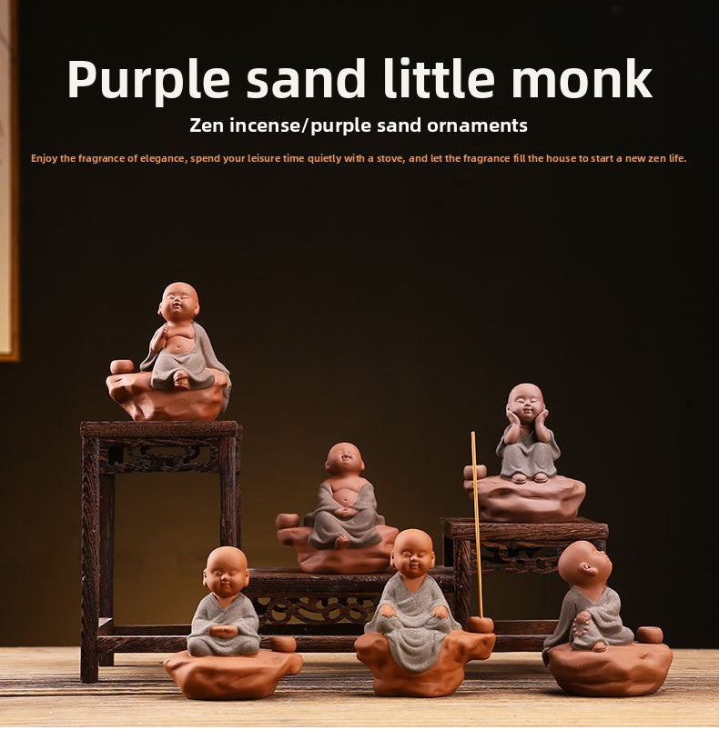 zensoullab Zen Purple Clay Little Monk Incense Holder Ornament for Car, Home, Indoor Living Room, Tea Tabletop, Incense Ceremony, Incense Seat, Incense Burner