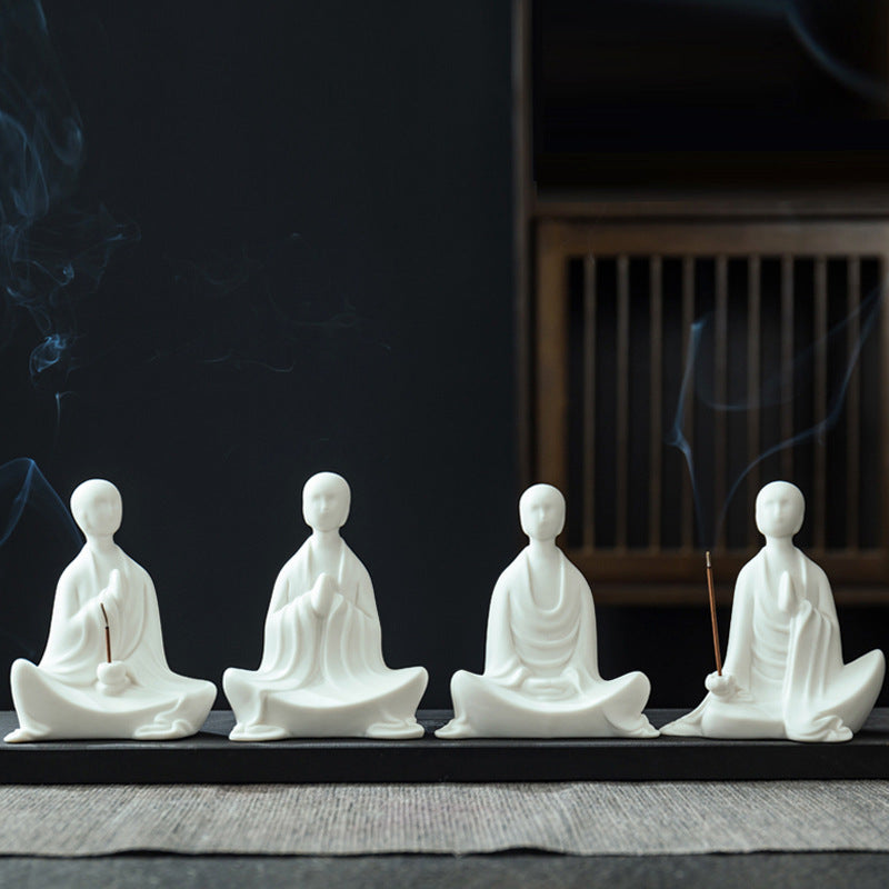 zensoullab Zen Ceramic Formless Buddha Chinese Style Living Room Tea Room Desktop Ornament White Porcelain Little Monk Fish Tank Bonsai Decoration Figurine