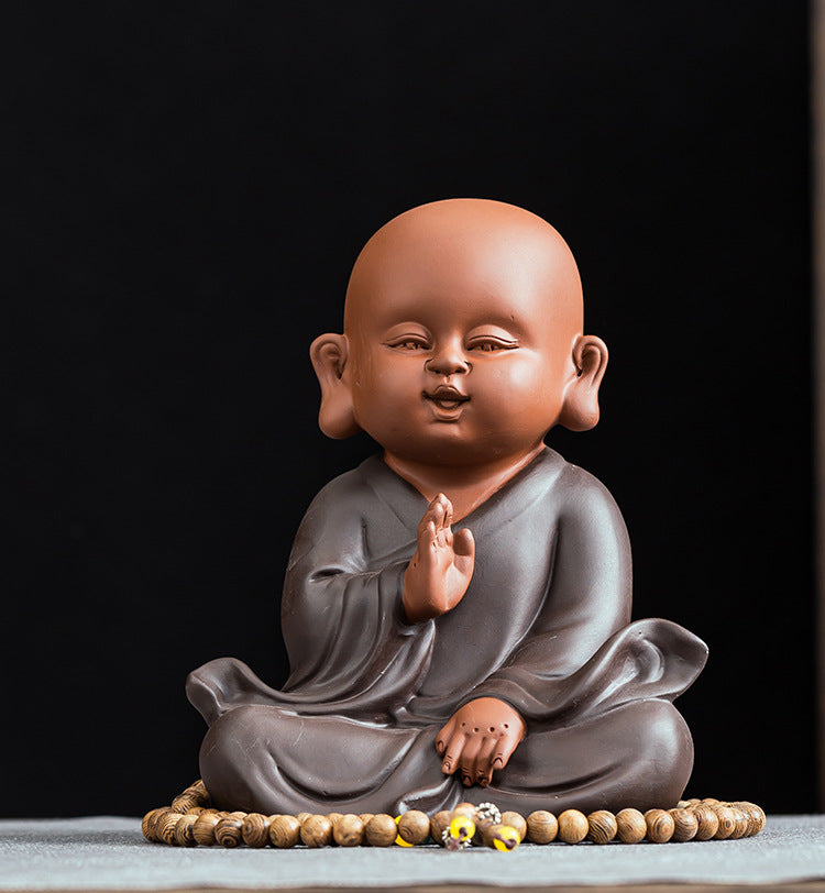 zensoullab Premium Large Ceramic Little Monk Figurine Purple Clay Figure Chinese Style Living Room Entrance Tea Room Zen Little Novice Decoration