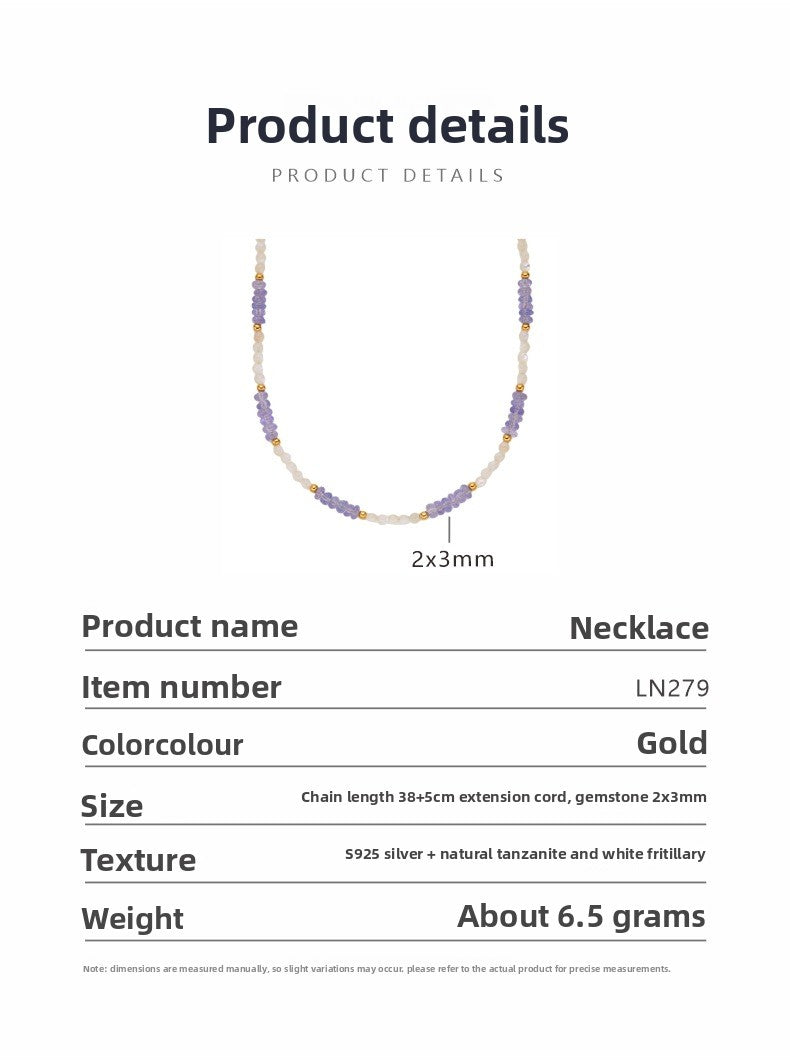 zensoullab Original Design Handmade S925 Sterling Silver Natural Tanzanite White Mother-of-Pearl Necklace for Women Simple Elegant Collarbone Chain