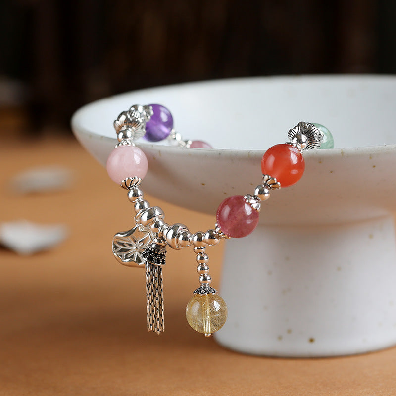 zensoullab Natural Multi-Gemstone Crystal Bracelet S925 Silver Lotus Tassel Bracelet Crystal Beaded Bracelet