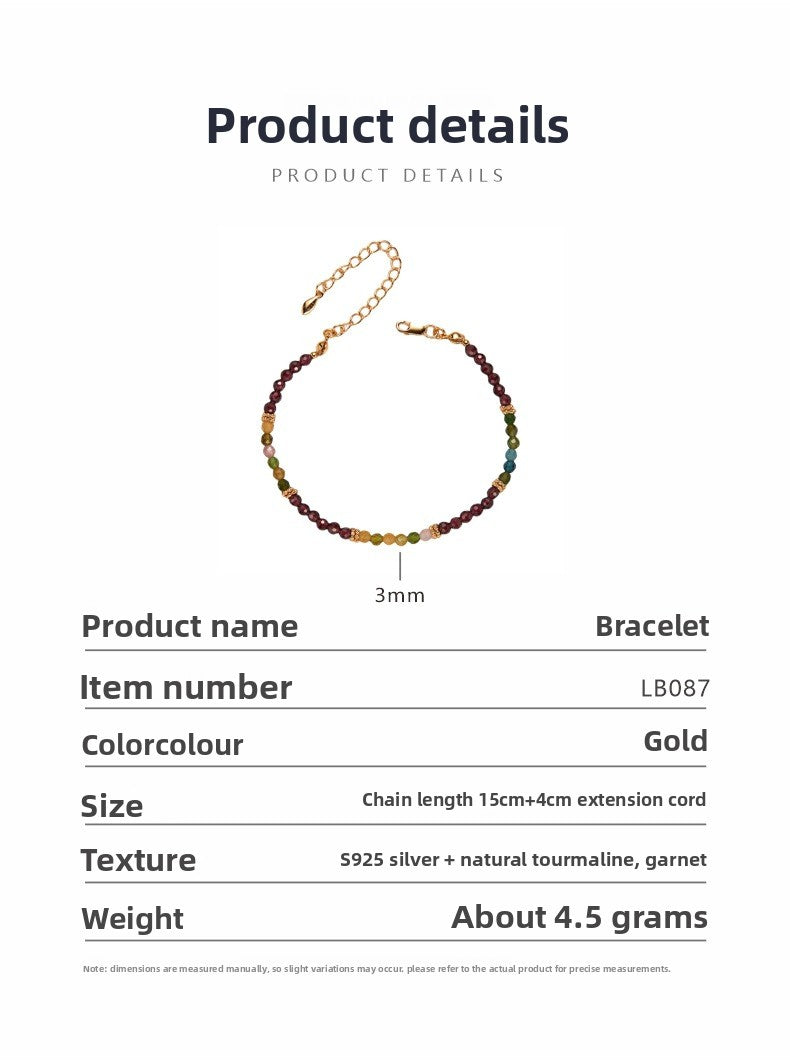 zensoullab S925 Sterling Silver Natural Tourmaline Garnet Gemstone Necklace for Women French Niche Style Handmade Beaded Collarbone Chain