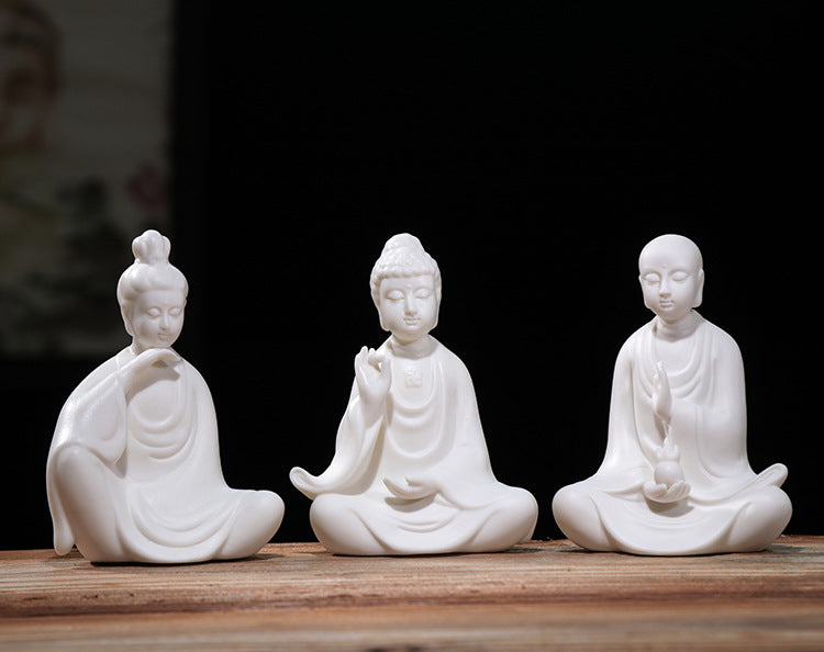 zensoullab Ceramic Western Three Saints Buddha Statue Ornament for Home Living Room Shakyamuni Buddha Guanyin Bodhisattva Ksitigarbha Entrance Decoration