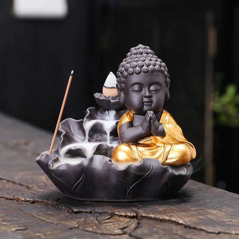 zensoullab Purple Clay Lotus Leaf Backflow Incense Burner Home Decor Creative Lotus Gold-Plated Buddha Incense Backflow Burner