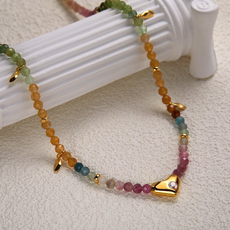 zensoullab S925 Sterling Silver Natural Tourmaline Gemstone Necklace for Women Original Design Heart Trendy Handmade Colorful Beaded Chain