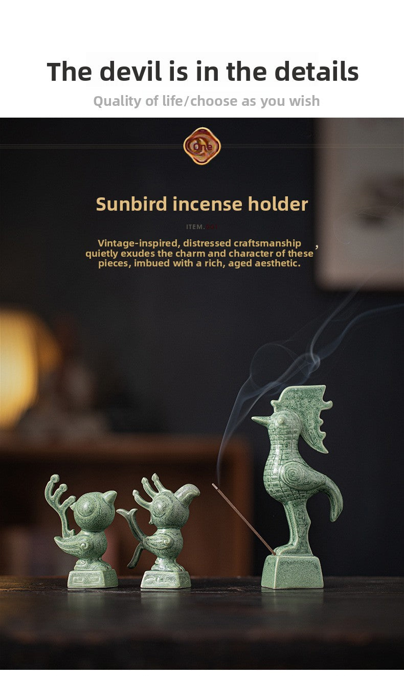 zensoullab Cultural and Creative Handicraft Ceramic Sanxingdui Sun Bird Incense Burner Incense Holder Incense Stick Holder Incense Ceremony Ornament Creative Gift Aromatherapy Burner