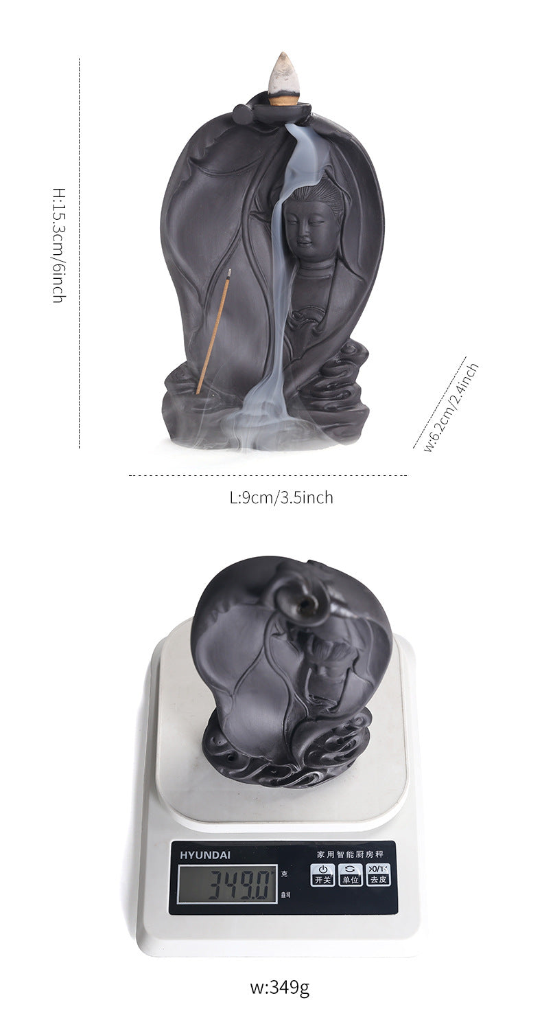 zensoullab Purple Clay Backflow Incense Burner Creative Bodhi Leaf Tathagata Guanyin Buddha Statue Backflow Incense Aromatherapy Burner Home Decor