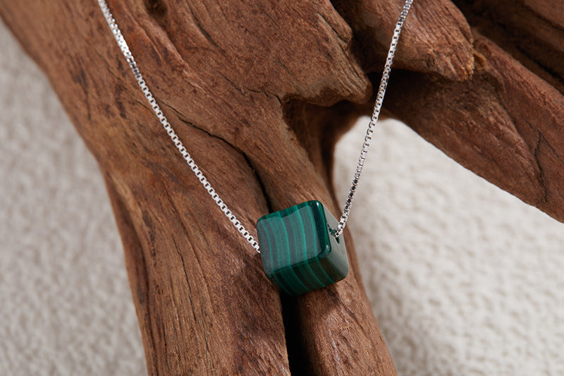 zensoullab Jewelry Minimalist Style Square Pendant S925 Sterling Silver Malachite Necklace Women's Jewelry Simple Collarbone Chain