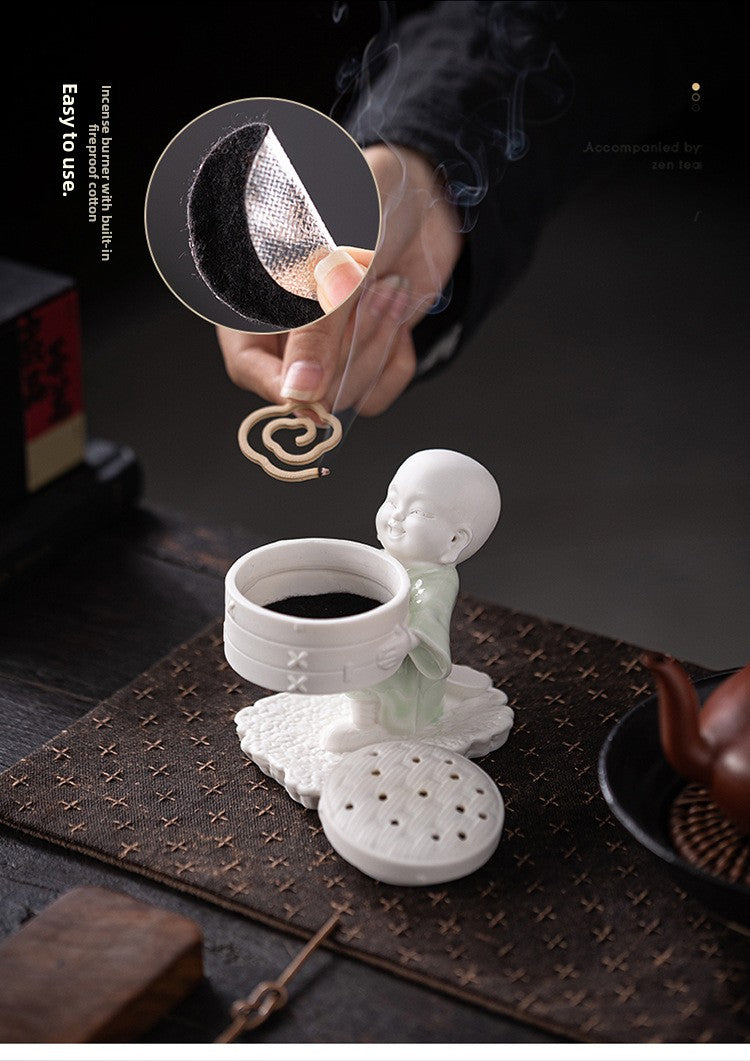 zensoullab Ceramic Little Monk Incense Burner Coil Incense Stick Home Indoor Sandalwood Incense Burner Tea Ceremony Aromatherapy Burner Incense Box Ornament