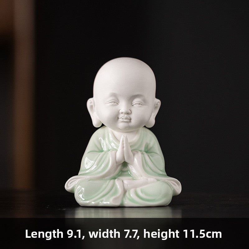 zensoullab Chinese Zen Style Four Little Monks Figurines Ceramic Characters Buddhist Home Living Room Curio Cabinet Decorations Micro Landscape
