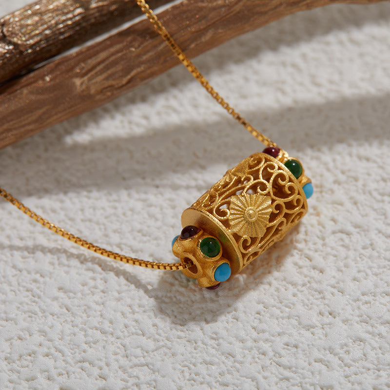 zensoullab S925 Sterling Silver Ancient Gold Craft Vintage Pendant Jewelry Elegant Versatile Pendant Ethnic Jewelry Women's Necklace