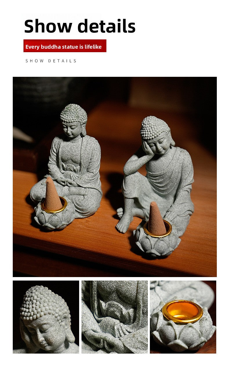 zensoullab New Green Sand Stone Buddha Statue Ornament Aromatherapy Decoration Living Room Zen Tea Tabletop Stone Small Sitting Buddha Incense Burner Ornament