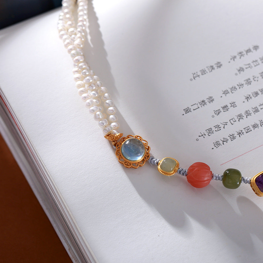 zensoullab Multi-Gem Braided Bracelet Half Pearl Multi-Gem Bracelet Aquamarine Amethyst South Red Lotus Accessories Jewelry Bracelet