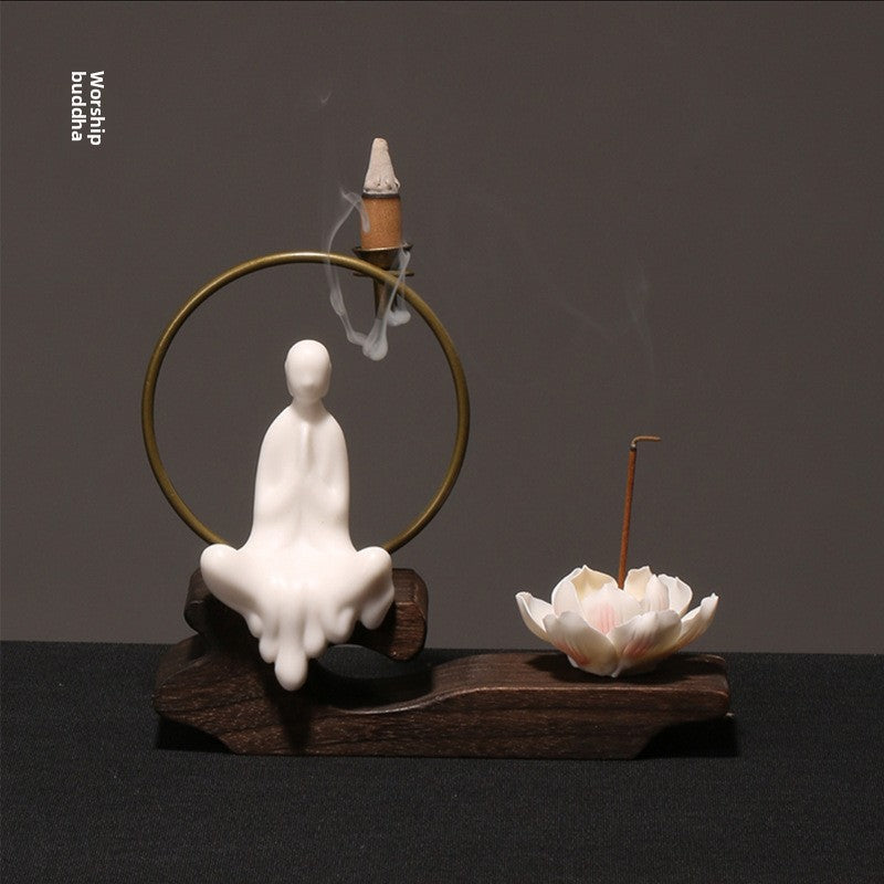 zensoullab Creative Chinese Ceramic Ornament Phaseless Buddha Statue Home Backflow Incense Burner Sandalwood Aromatherapy Burner Incense Holder Incense Device Wooden Incense Stand