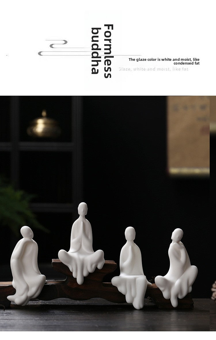 zensoullab Zen White Porcelain Formless Buddha Root Carving Accessories Ceramic Little Monk Chinese Style Living Room Entrance Hall Curio Rack Minimalist Small Ornaments