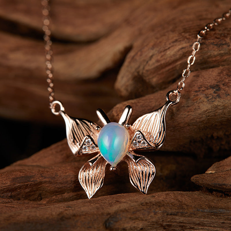 zensoullab Custom Personalized Butterfly Style S925 Sterling Silver Inlaid Natural Gemstone Opal Necklace for Women Live Streaming Hot-Selling Collarbone Chain