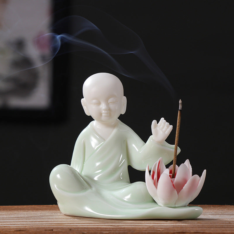 zensoullab Zen Style Chinese Fine Ceramic Figure Little Monk Ornament Creative Incense Holder Creative Home Living Room Decoration
