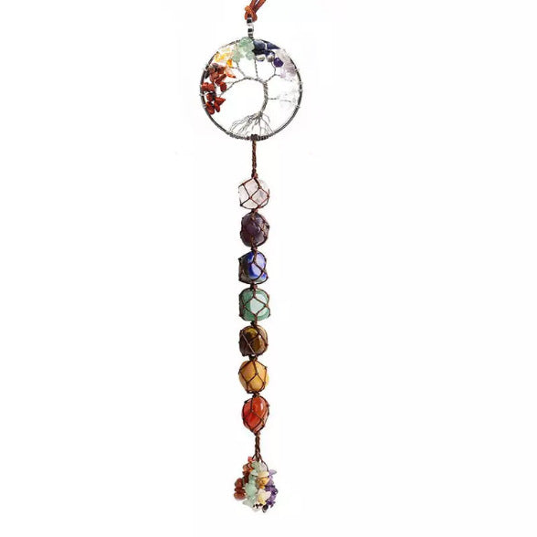 zensoullab7 Colorful Stone Seven Colors Crystal Raw Stone Hand-woven Pendant Natural Stone Tree of Life Car Hanging Dream Catcher Ornament
