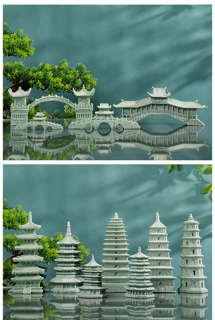 zensoullab Green Sandstone Lei Feng Pagoda Ornament Rockery Fish Tank Micro Landscape Aquascape Bonsai Flowing Water Decoration Ancient Style Home Decor