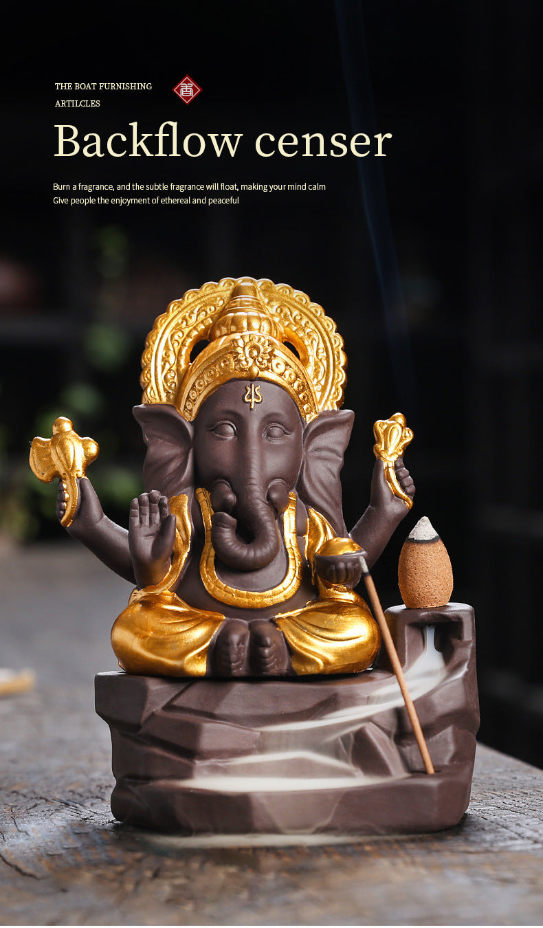 zensoullab Purple Clay Sandalwood Incense Burner Home Decor Creative Gold-Plated Ganesha Mountain Water Backflow Incense Burner Craft