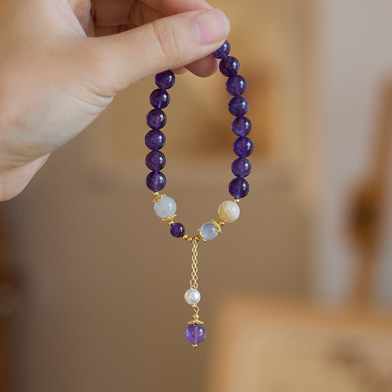 zensoullab Niche Design Natural 8MM Amethyst Bracelet for Women with Pearl Tassel Women's Bracelet Jewelry