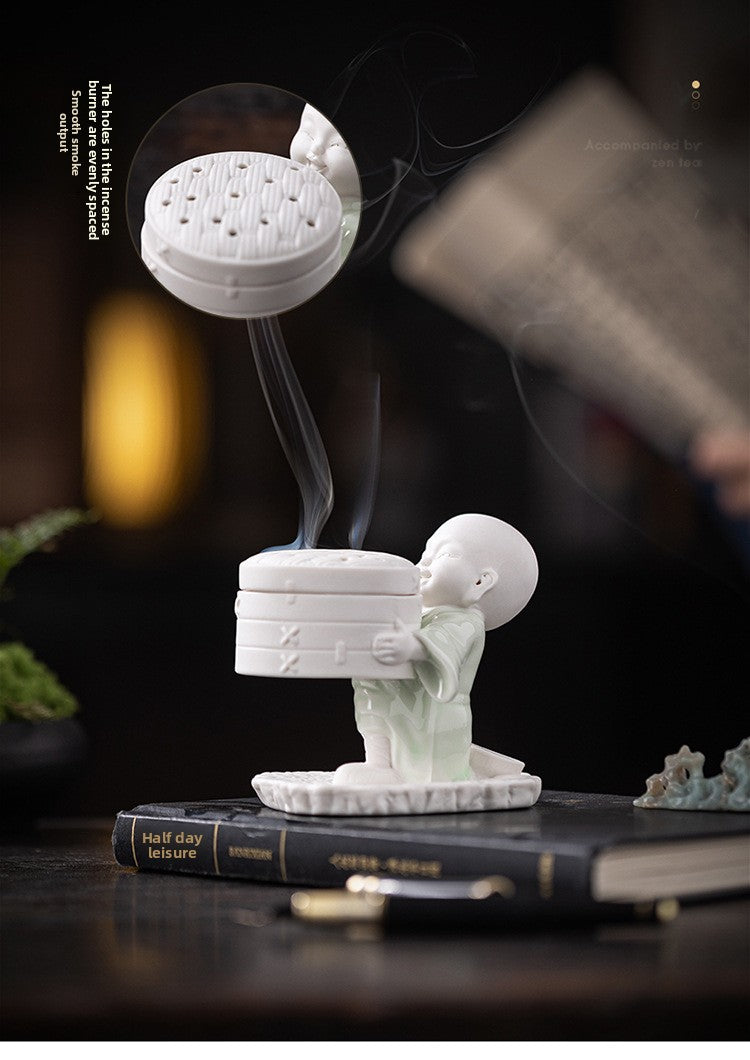 zensoullab Ceramic Little Monk Incense Burner Coil Incense Stick Home Indoor Sandalwood Incense Burner Tea Ceremony Aromatherapy Burner Incense Box Ornament