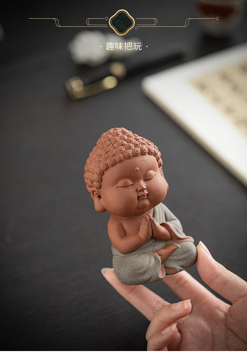 zensoullab Zen Purple Clay Small Buddha Figurine Cute Buddha Statue Chinese Style Home Tea Room Curio Shelf Tea Table Decoration