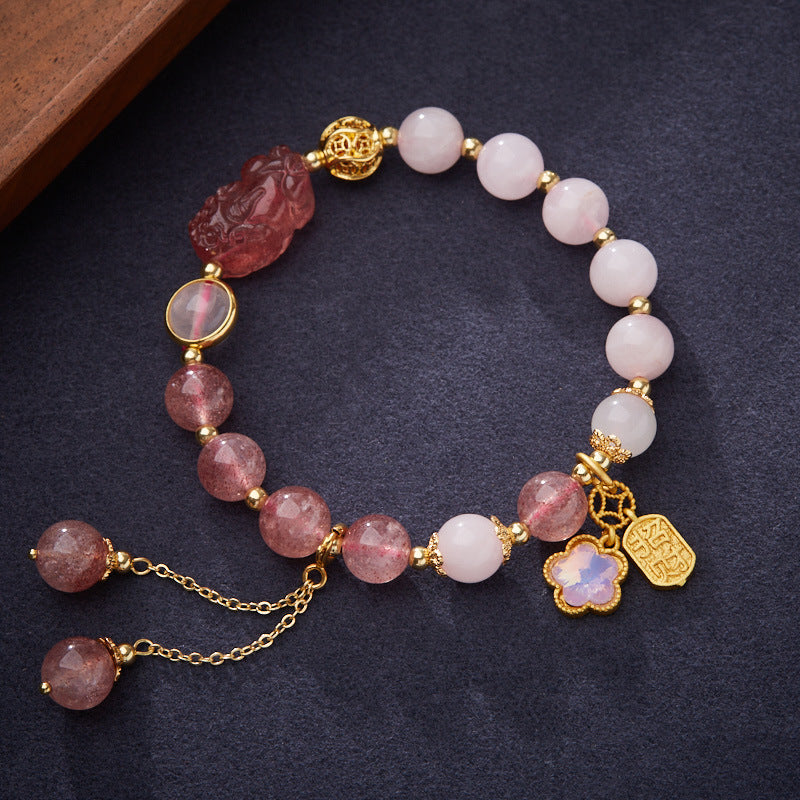 zensoullab Natural Strawberry Crystal Pink Crystal Double Bracelet for Women Strawberry Crystal Pixiu Wealth Flower Good Luck Crystal Bracelet