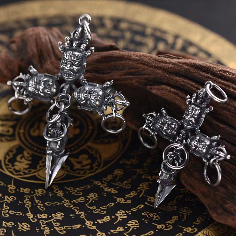 zensoullab Vintage Men's Jewelry Pu Ba Vajra Pendant Men's Antique Cross Demon-Subduing Vajra Thai Silver Necklace Amulet Magical Tool