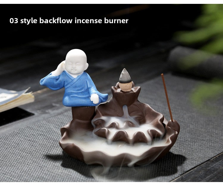 zensoullab Creative Simple Ceramic Little Monk Backflow Incense Burner Purple Clay Zen Incense Burner Incense Holder Home Tea Ceremony Home Decor