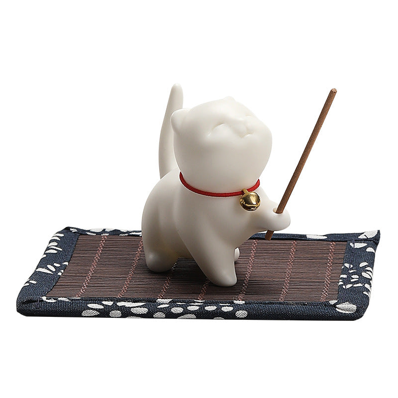 zensoullab Creative Cute Little Cat Ceramic Ornament Soft Healing Tea Pet Pen Holder Home Indoor Sandalwood Incense Holder Incense Tool