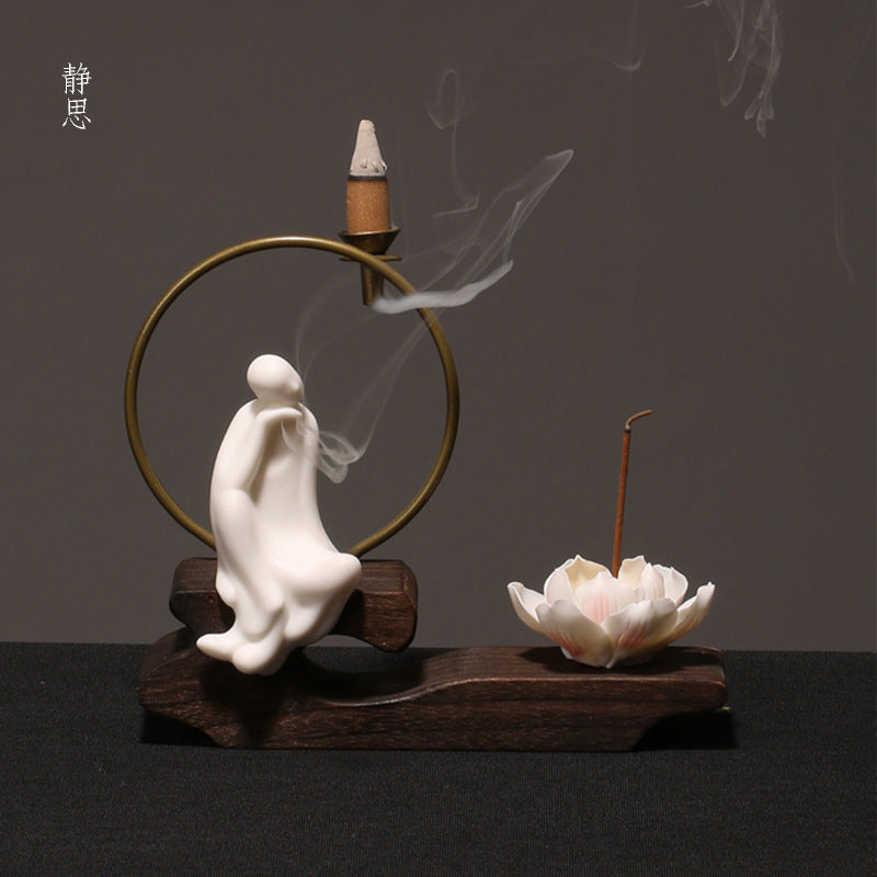 zensoullab Creative Chinese Ceramic Ornament Phaseless Buddha Statue Home Backflow Incense Burner Sandalwood Aromatherapy Burner Incense Holder Incense Device Wooden Incense Stand