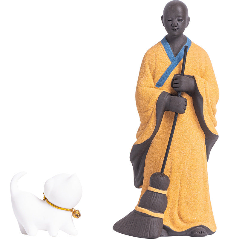 zensoullab Creative Ceramic Figure Sweeping Monk Zen Little Monk Ornament Home Living Room Curio Shelf Tea Room Bonsai Decoration