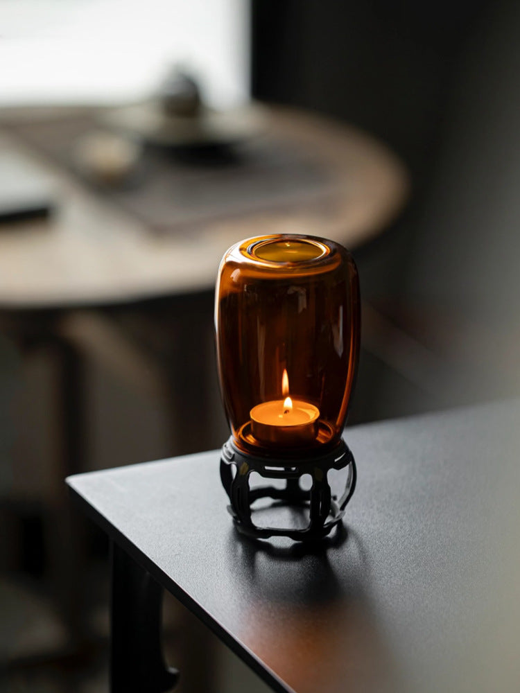 zensoullab Ancient Style Candle Lamp Bronze Base Zen Tea Room Atmosphere Lamp Glass Amber Space Decoration Ornament Candle Holder