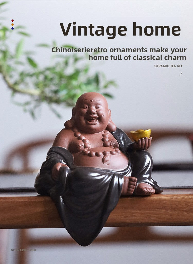 zensoullab Zen Wealth-Attracting Ceramic Maitreya Buddha Figurine Laughing Buddha New Chinese Style Living Room Entrance Hall Curio Shelf Office Tea Room Decoration
