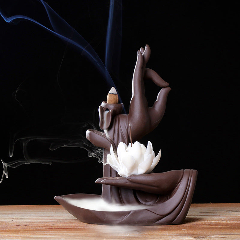 zensoullab Creative Backflow Incense Burner Home Purple Clay Flow Incense Burner Indoor Ornament Ceramic Buddha Hand Incense Burner Home Decor