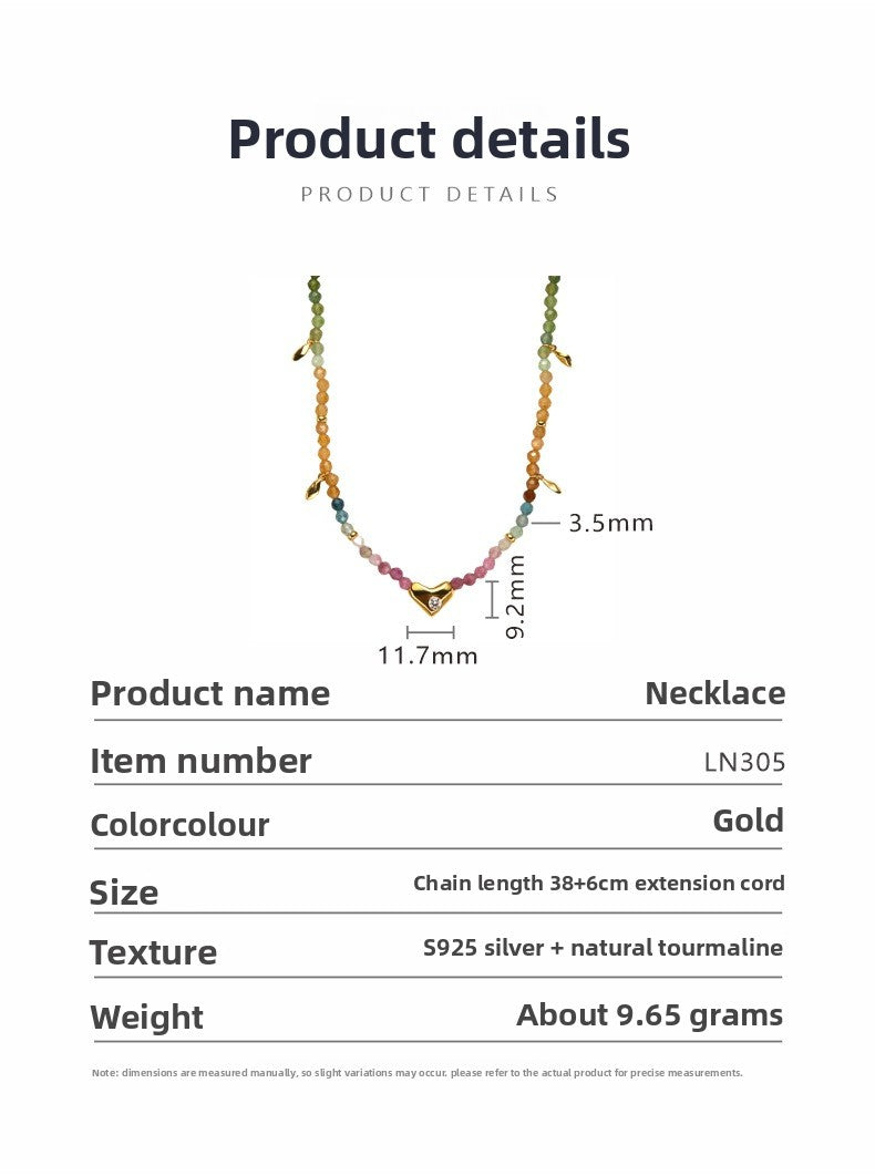zensoullab S925 Sterling Silver Natural Tourmaline Gemstone Necklace for Women Original Design Heart Trendy Handmade Colorful Beaded Chain