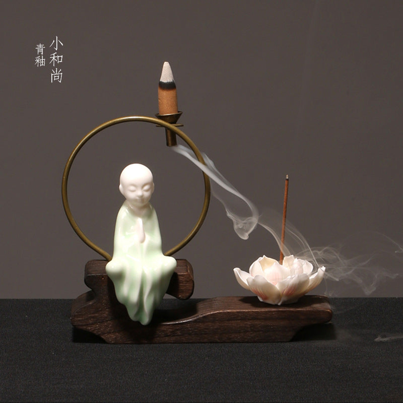 zensoullab Creative Chinese Ceramic Ornament Phaseless Buddha Statue Home Backflow Incense Burner Sandalwood Aromatherapy Burner Incense Holder Incense Device Wooden Incense Stand