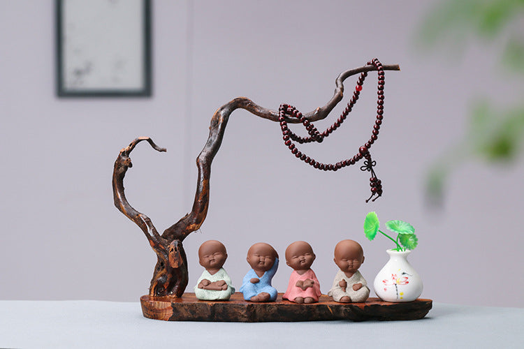 zensoullab Zen New Chinese Style Root Carving Set Ornament Purple Clay Little Monk Living Room TV Cabinet Tea Table Entrance Creative Decoration
