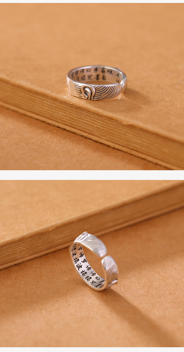zensoullab Ethnic Style Buddha Silence Ring for Women, Niche Design Thai Silver Lotus Heart Sutra Guanyin Vintage Open Ring